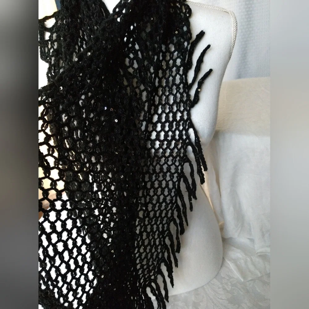 Children's Place Girl's Infinity Scarf Black Crochet Open Weave Tassels Sequins